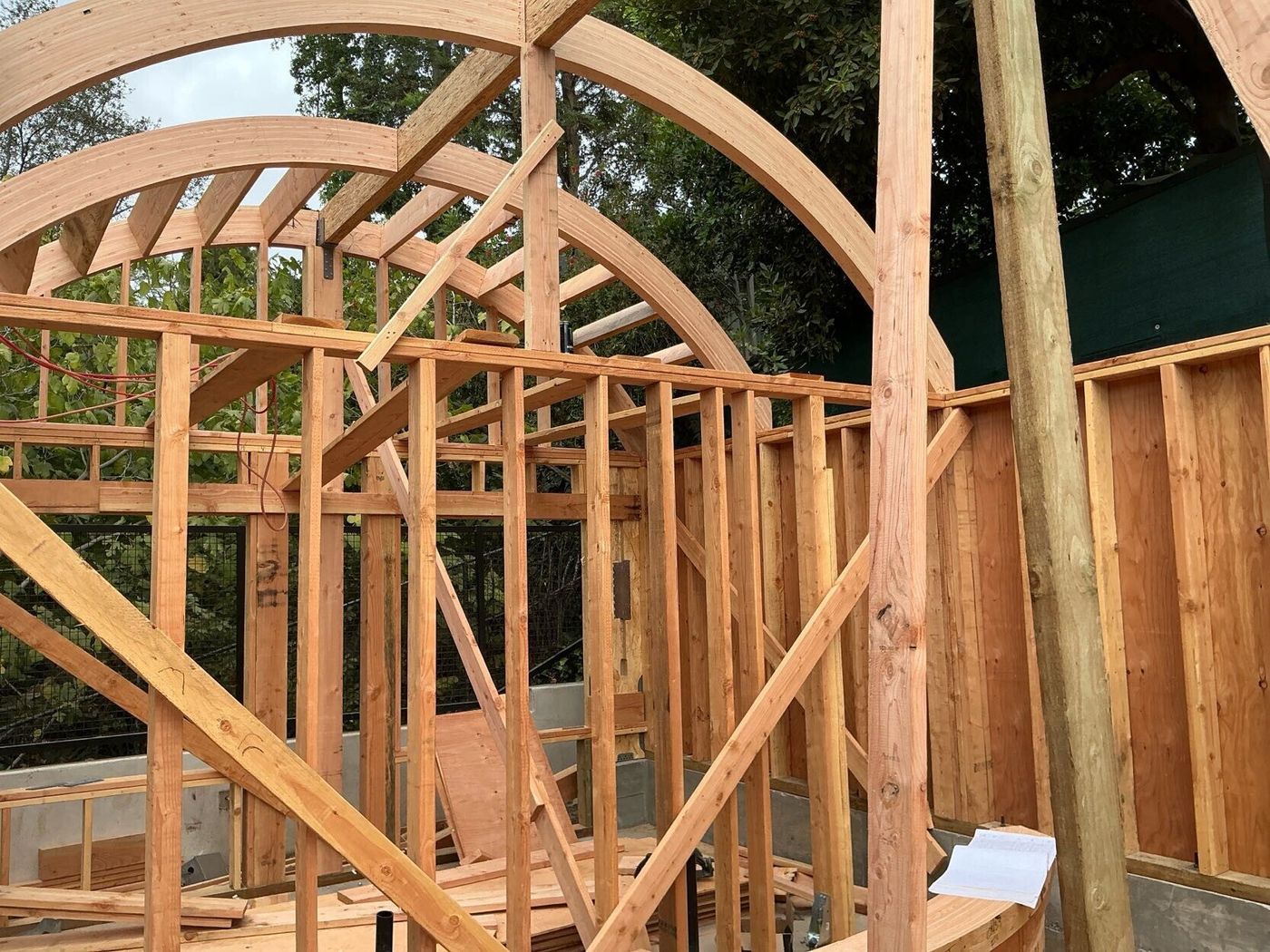 ADU framing with curved roof structure and shear walls